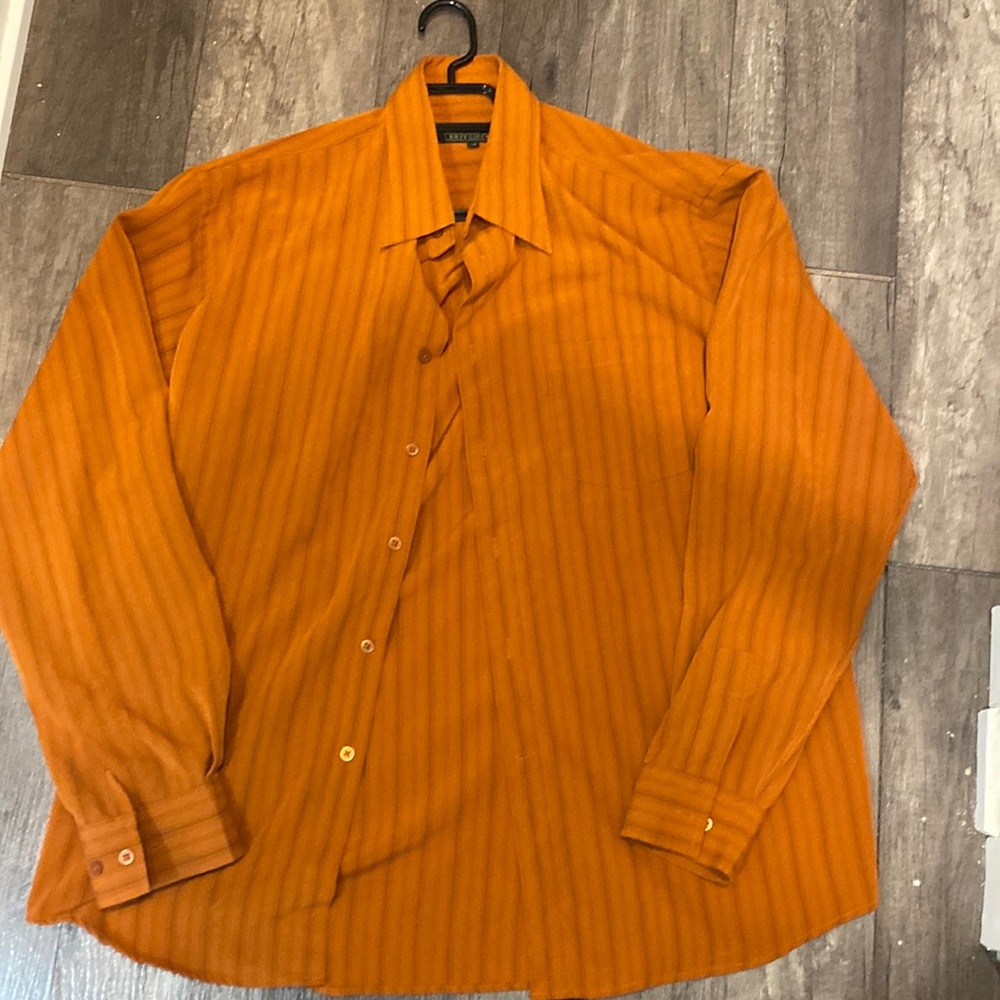 Long sleeved, Britches dress shirt. Blue strips, orange in colour